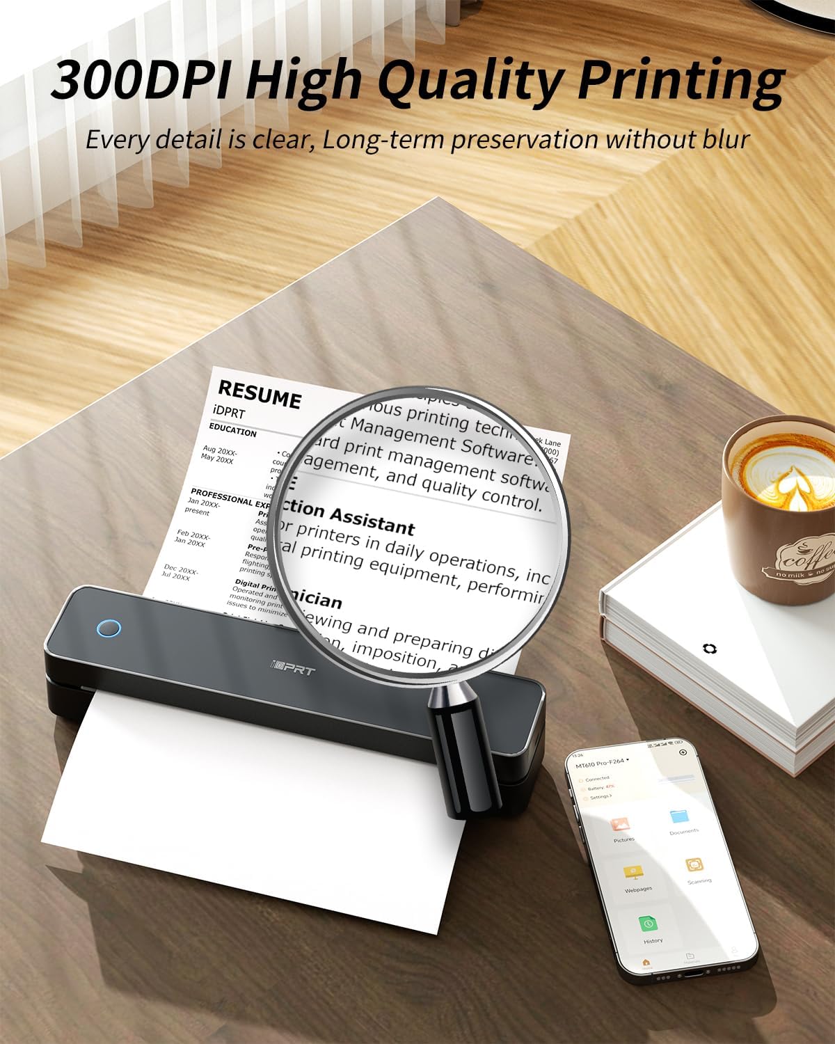 iDPRT Portable Thermal Printer, MT610 Pro Wireless for Travel, 300 DPI Bluetooth Inkless Printer Support 8.5" X 11" US Letter&A4&A5 Thermal Paper for Home, Compatible with iOS, Android, Laptop, Black