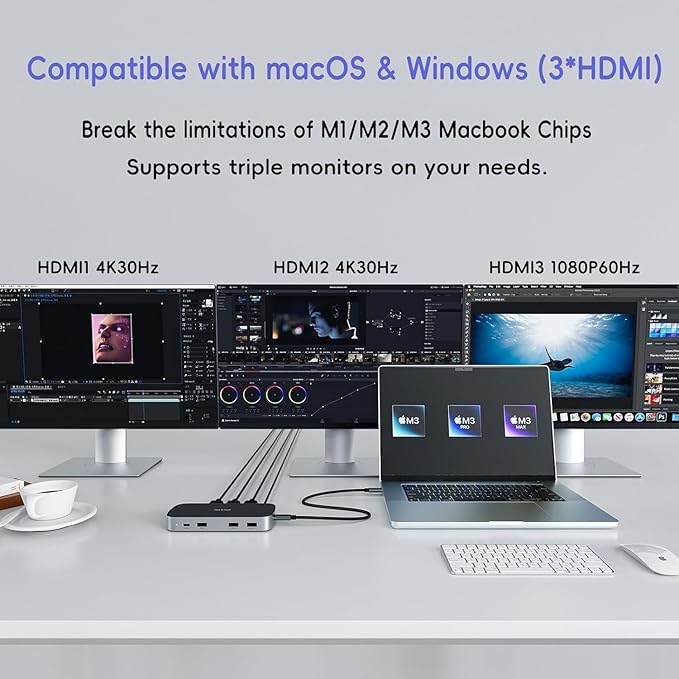 Laptop Docking Station - Triple USB-C, Dual 4K Display, Macbook M1/M2/M3/Windows, USB-A, Ethernet