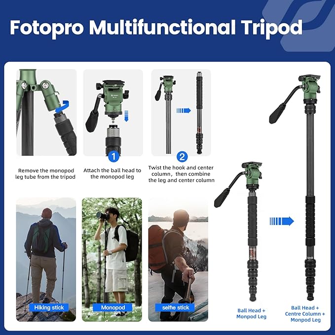 Fotopro 59" Carbon Fiber Travel Tripod, Compact Video Tripods with Fluid Head, Detachable Monopod with Quick Release Plate and Bag, Camera Tripod Load up to 8KG/17.63lbs, Green