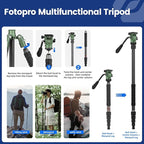 Fotopro 59" Carbon Fiber Travel Tripod, Compact Video Tripods with Fluid Head, Detachable Monopod with Quick Release Plate and Bag, Camera Tripod Load up to 8KG/17.63lbs, Green