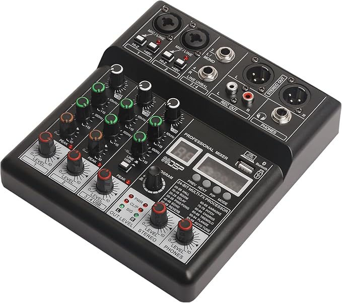 Dj Mixers, 4 Channel Audio Mixer, Sound Board with Bluetooth Player, Usb Audio Interface with 48V Phantom Power, Sounds Mixer Board with 99 DSP FX Reverb Delay Effect