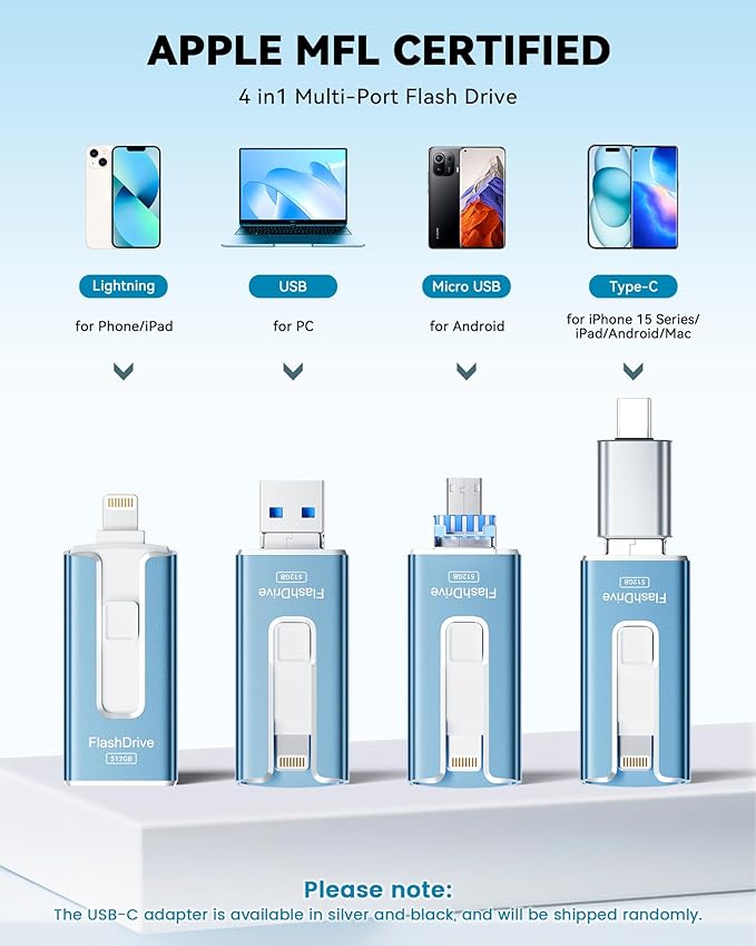 MFi Certified 512GB Flash Drive for iPhone iPad, Photo Stick for External Memory Storage, Easily Back Up and Save Files, USB Memory Stick Thumb Drive for iPhone/iPad/Android/PC (Blue, 512GB)