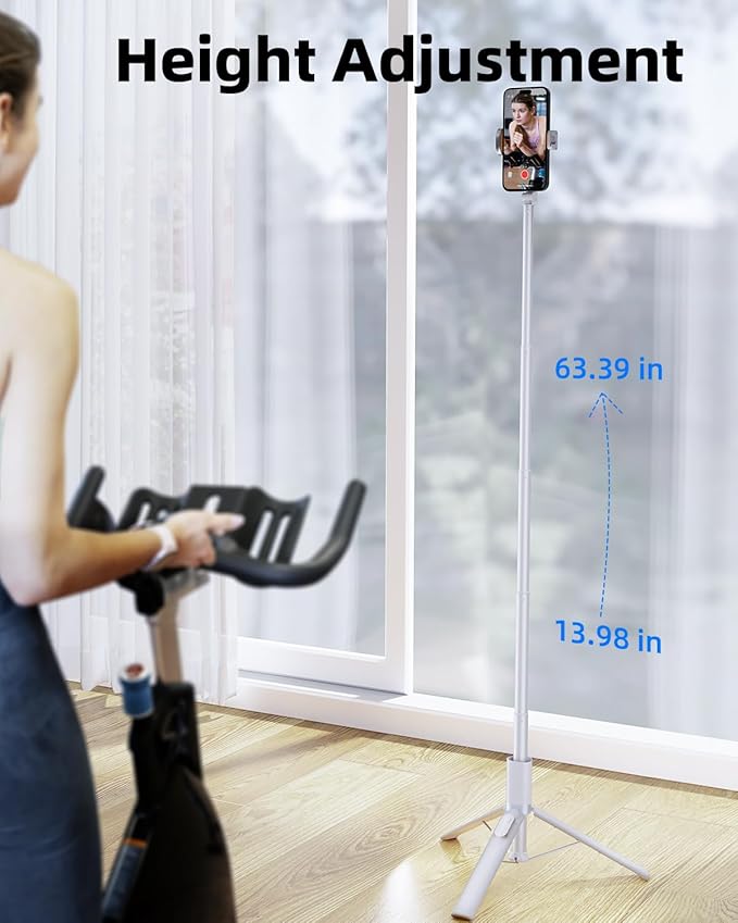 TODI 63" Phone Tripod, Extendable Selfie Stick with Wireless Remote and Phone Holder, Portable All-in-1 Cell Phone Tripod Stand for Video Recording, Compatible with iPhone/Android (White)