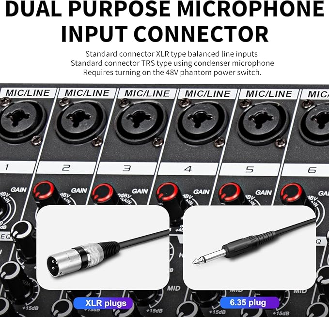 Depusheng MX8 8 Channel Sound Mixer Audio Mixing Console 48V 256DSP Professional USB PC Play Record Podcast Live Broadcast (US MX8)