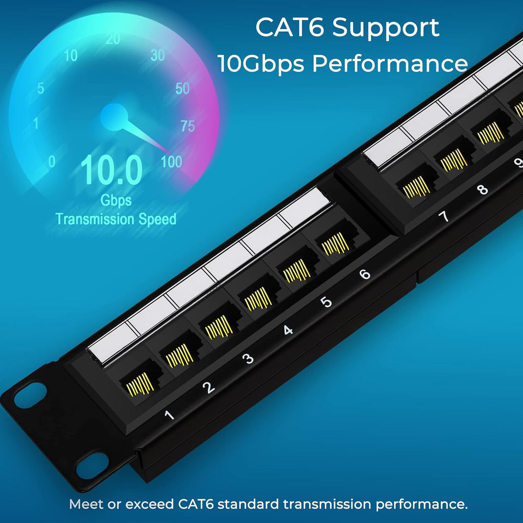 Rapink Patch Panel 24 Port Cat6 10G Support, Network Panel UTP 19-Inch, Wallmount or Rackmount 1U Ethernet Patch Panel Punch Down Block for Cat6, Cat5e, Cat5 Cabling