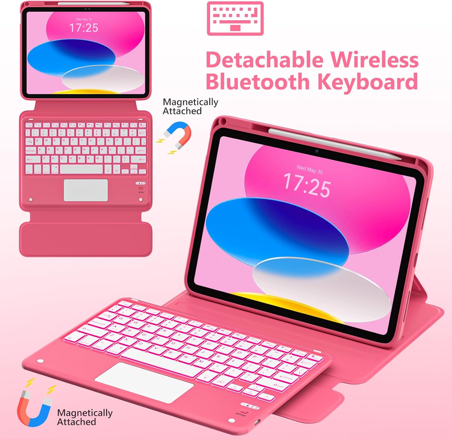 Touchpad for iPad A16 11th/10th Generation Case with Keyboard, 7 Color Backlit 360 Rotation Cover with Pencil Holder,Detachable Keyboard for iPad 11 inch 2025/10th Gen 10.9'' 2022 (Watermelon Red)