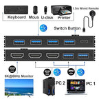 HDMI2.1 KVM Switch 2 Computer 1 Monitor 8K@60Hz, KVM Switch HDMI 2 Port with 3 USB3.0, Wired Remote, Power Adapter and USB Cables