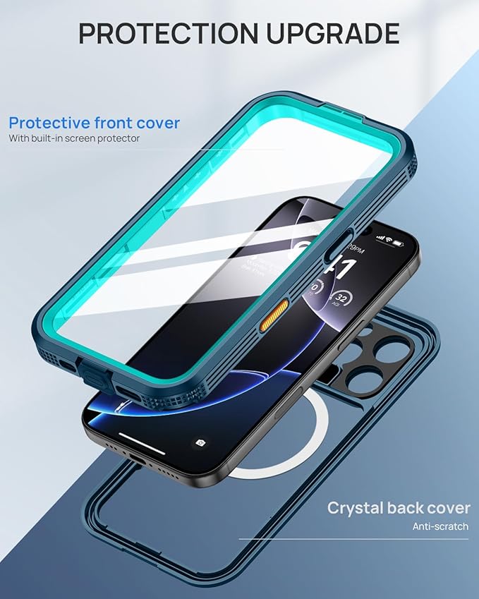 Lanhiem Magnetic for iPhone 16 Pro Case, IP68 Waterproof Dustproof Case, [Compatible with Magsafe] [Built-in Screen Protector] Full Body Heavy Duty Rugged Phone Cover 6.3 inch, Blue/Clear