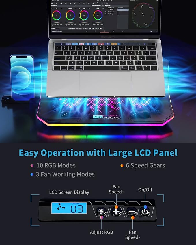 Laptop Cooling Pad, KeiBn RGB Laptop Cooler for 15.6-17.3 Inch Laptops, with 10 Modes Lights | 6 Fans | 7 Height Stands | 2 USB Ports | Desk or Lap Use (A8/Purple)