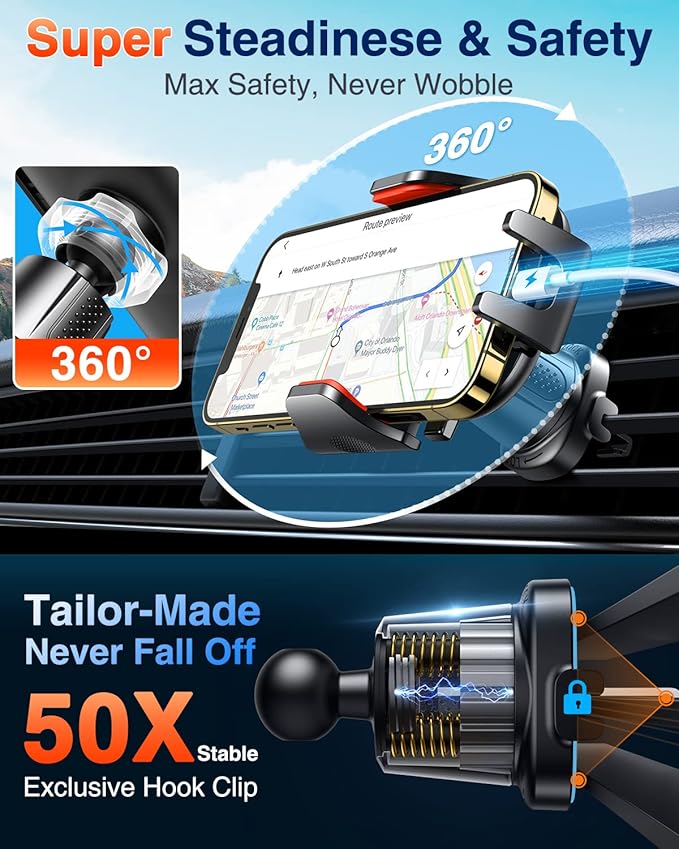 VANMASS Car Phone Holder Mount 2025 Upgraded [Patent Steel-Hook] Car Vent Phone Mount Clip Military-Grade Shockproof Cell Phone Car Mount Handsfree Truck Stand Vent Cradle for iPhone 16 Android,Red