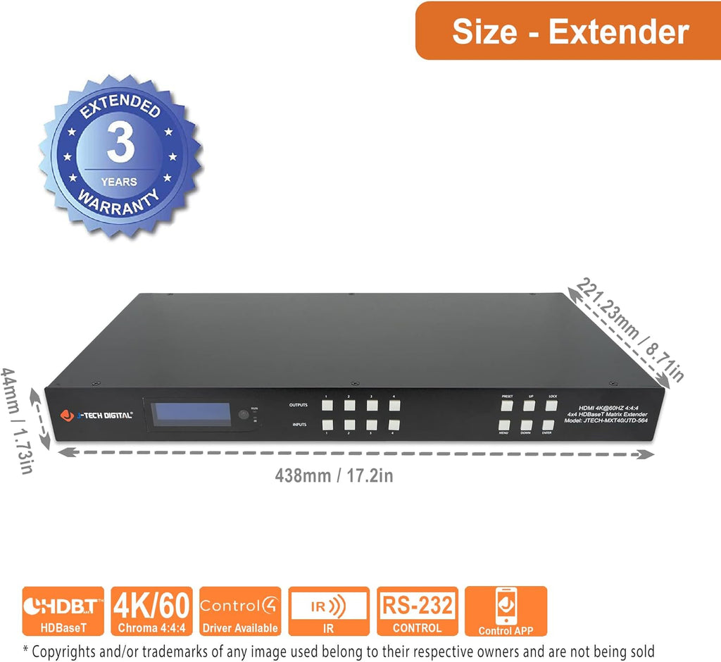 J-Tech Digital HDBaseT 4x4 Matrix Extender Switcher Supports HDMI2.0 HDCP2.2 4K60Hz 4:4:4 HDR Dolby Vison with 4 PoC Receivers, Over Single Cat5e/6 Cable, Control App, Compatible with Control4 Driver