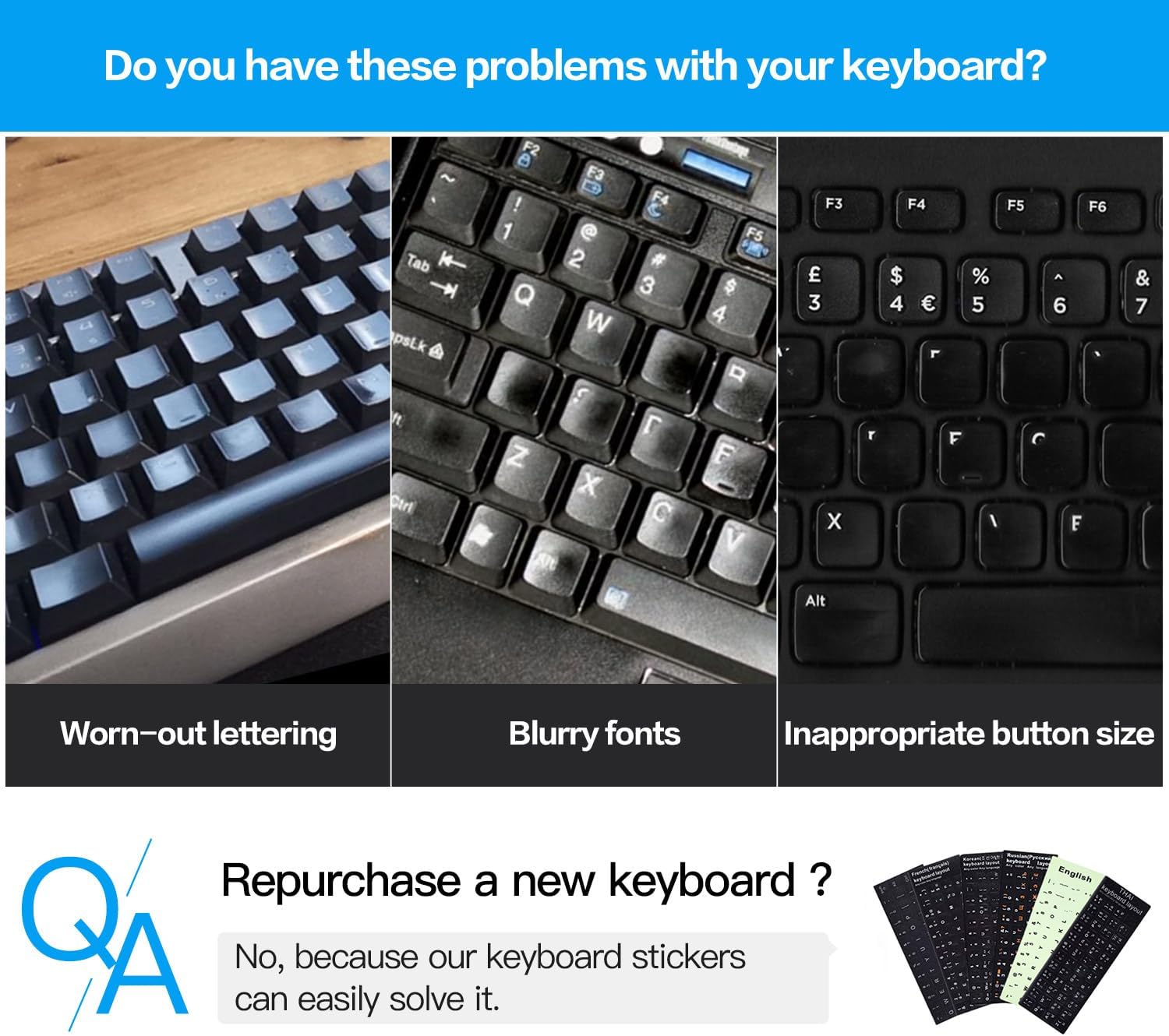 2PCS Russian Keyboard Stickers, Cyrillic Keyboard Letters Replacement Sticker Blue Font with Black Background for PC Computer Laptop Notebook Desktop, Russian-English Keyboard Alphabet Stickers