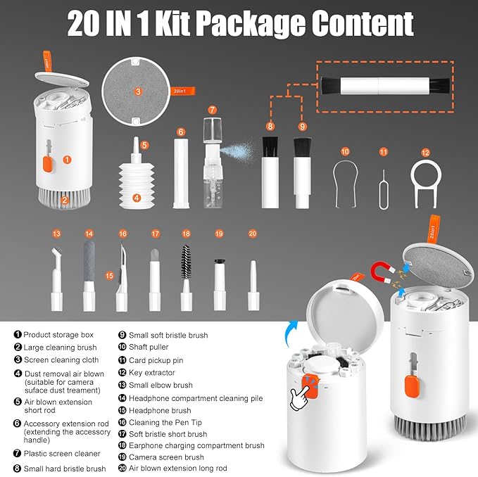 walrfid 2 Pack Laptop Phone Screen Cleaner Kit, Computer Keyboard Brush Cleaning Spray for iPhone AirPods MacBook iPad, 20-in-1 Electronic Device Tool for Camera Earbud TV Tablet Car Screens, White
