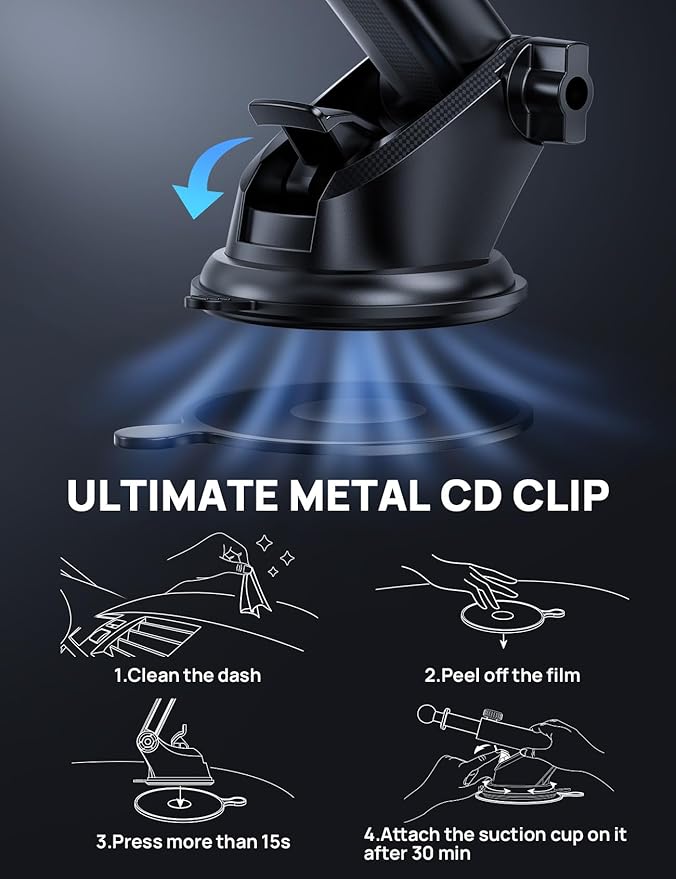 Adjustable Windshield Phone Mount for Car, Suction Cup Dashboard Holder for All Cell Phone, (+Vent Hook) [Military Grade Stable], Non-Slip Silicone Carbon Fiber, (Black)