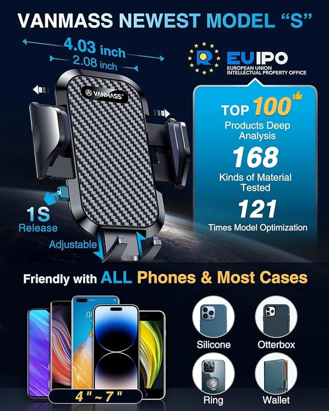 VANMASS Car Phone Holder Mount 2025 Upgraded [Patent Steel-Hook] Car Vent Phone Mount Clip Military-Grade Shockproof Cell Phone Car Mount Handsfree Truck Stand Vent Cradle for iPhone 16 Android,Black