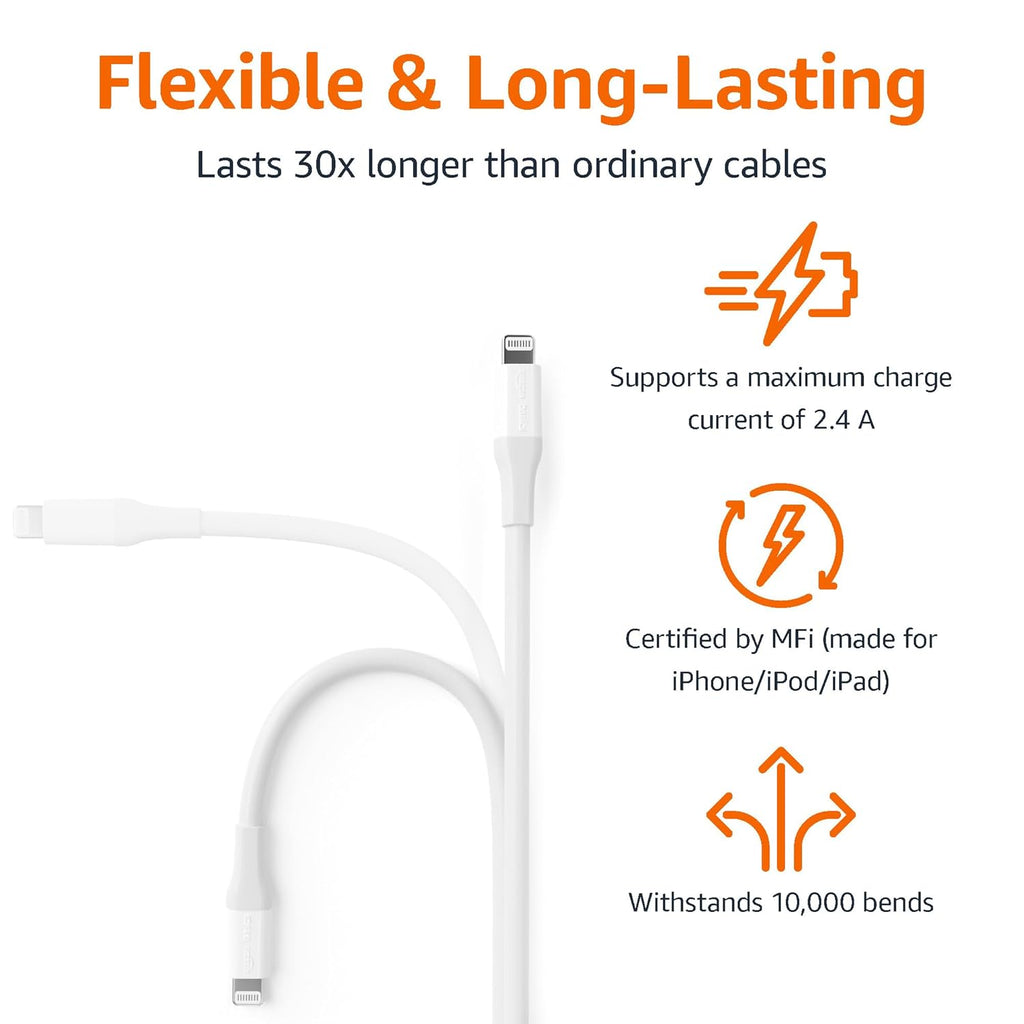 Amazon Basics MFi Certified USB-C to Lightning Fast Charging Cable for Apple iPhone, Nylon Braided, 10 ft, White