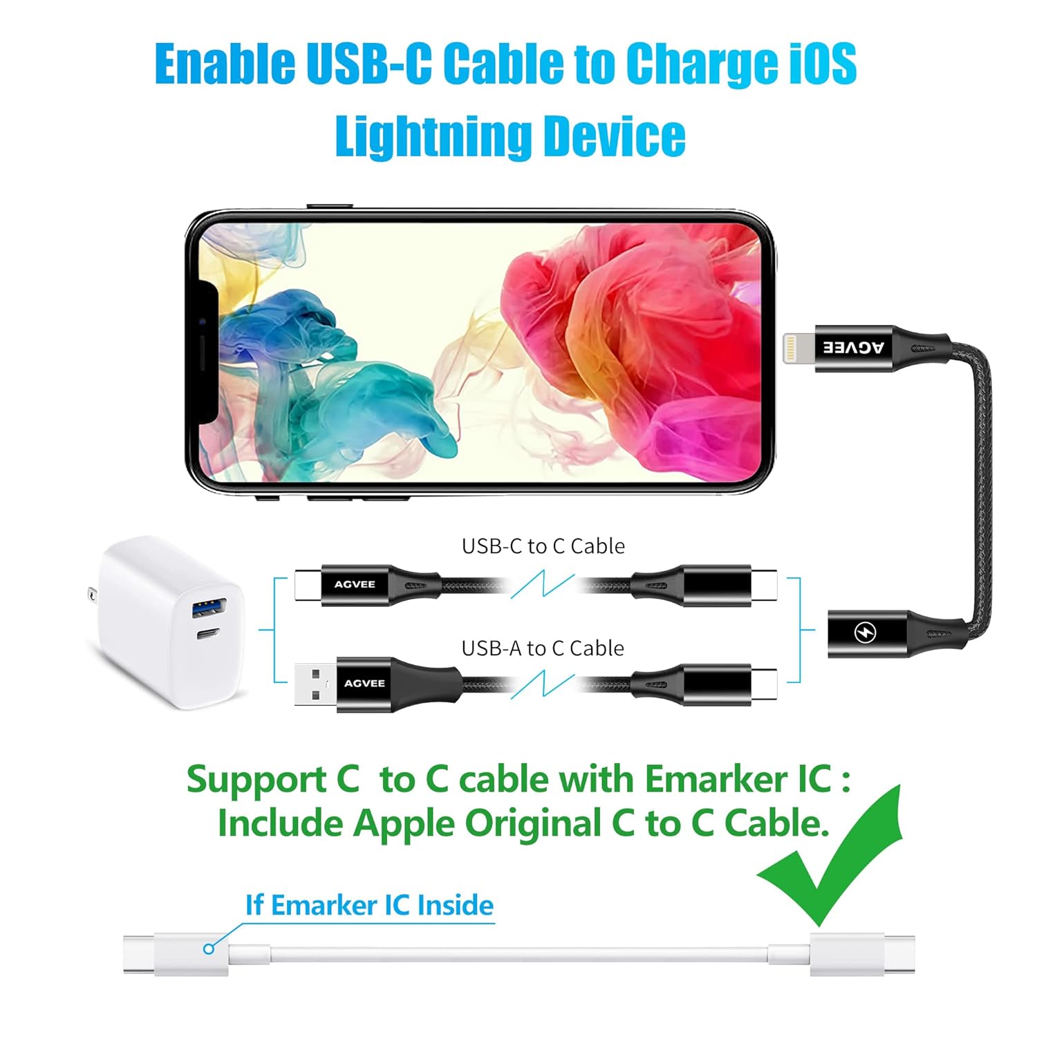 AGVEE 2 Pack 4 inch USB-C Female to Lightning Male Adapter, 30W Fast Charging Charger Converter for iPhone 14 13 12 11 Airpods iOS Device Carplay, Not for Audio, Black