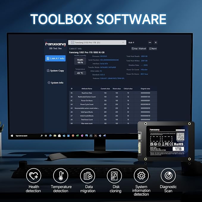 S101 1TB SSD SATA SSD 1TB Internal Solid State Drive SATA III 6Gb/s 2.5" SSD, UP to 550MB/s, 3D NAND TLC, Upgrade Laptop PC and Desktops