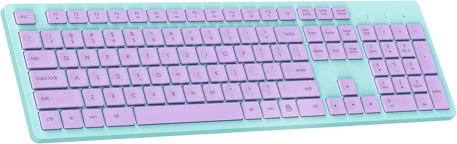 LeadsaiL Wireless Keyboard, 2.4GHz Full-Sized Ergonomic Computer Keyboard, Cordless Noiseless Keyboard,12 FN Shortcuts for Windows MacOS Laptop Computer - Purple and Mint Green