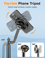 Magnetic Phone Tripod, 70" Selfie Stick Tripod for iPhone Magsafe with Rechargeable Remote & 2 in 1 Magnetic Holder, Portable Cellphone Stand for Recording Travel, Compatible with iPhone and Android
