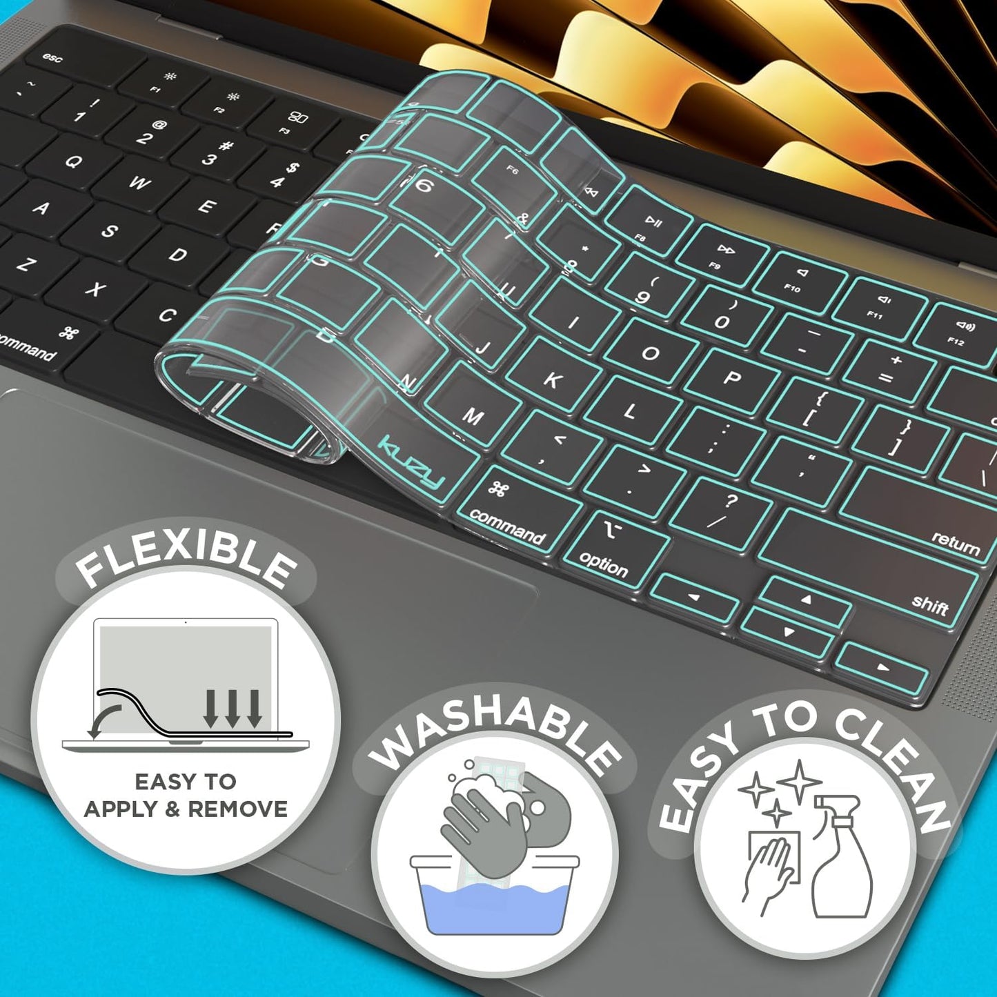 Kuzy Mint Premium MacBook Pro 14 inch Keyboard Cover M4 16" 2025 2024 2023 M3 M2 M1 Pro Max - MacBook Air 13 inch Keyboard Cover 15" M4 - A3240 A3241 A3401 A3403 A3114 A3113 - US Layout TPU, Mint