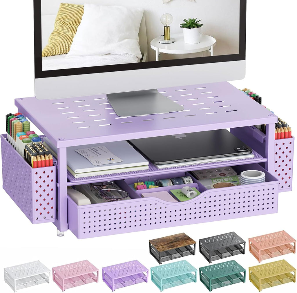 gianotter Desk Organizers and Accessories, Monitor Stand with Drawer and 2 Pen Holder, Purple Desk Accessories, Computer Stand Suitable for Offices and Dormitories (Purple)