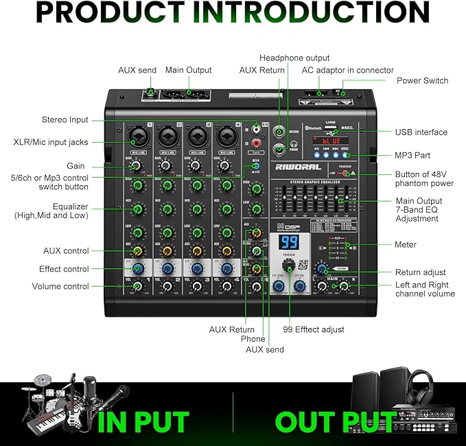 6 Channel Audio Interface Dj Mixer Soundboard Console 99 Dsp Reverb Delay Effect USB Bluetooth Studio Audio Mixer +48V Phantom Bluetooth for Karaoke Streaming Recording, Live Broadcast