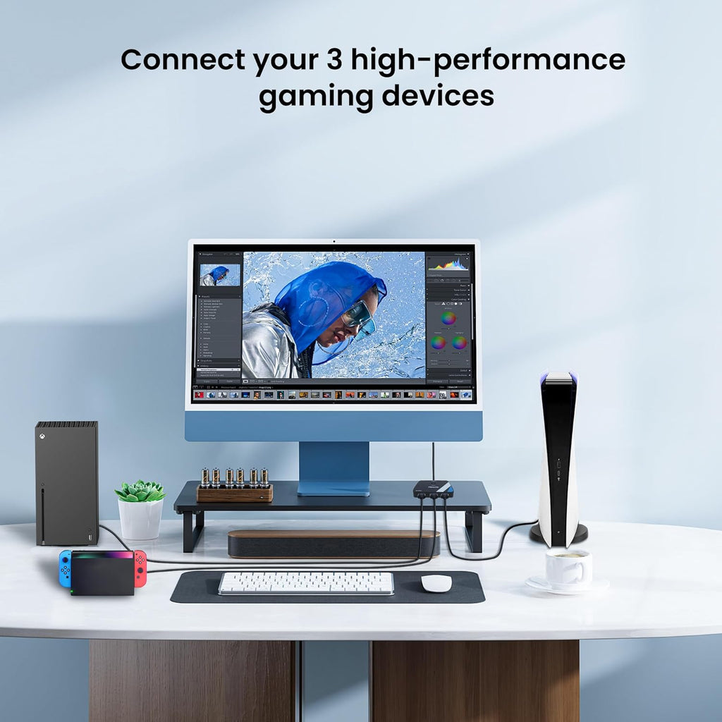 NEWCARE 4K@120Hz HDMI Switch 3 in 1 Out, HDMI 2.1 Splitter 8K@60Hz with 2.6 ft HDMI 2.1 Cable, HDMI Switcher Support 48Gbps, HDR10+, VRR, Dolby, HDCP 2.3, Compatible with PS5/PS4 Xbox TV Projector