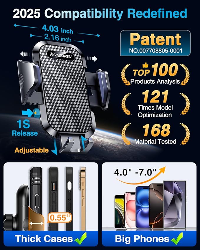 VANMASS Car Phone Holder 2025 Military-Grade Phone Holder for Your Car Windshield Dashboard【 65 Lbs Strongest Suction】【Patent & Safety Certs】 Universal Cell Phone Car Mount for iPhone Samsung Android