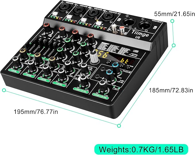 Professional 6-Channel Audio Mixer with 256 DSP Effects,48V Phantom Power,Bluetooth,MP3,USB Recording Input,Portable Sound Mixing Console for Streaming,DJ Show,Karaoke