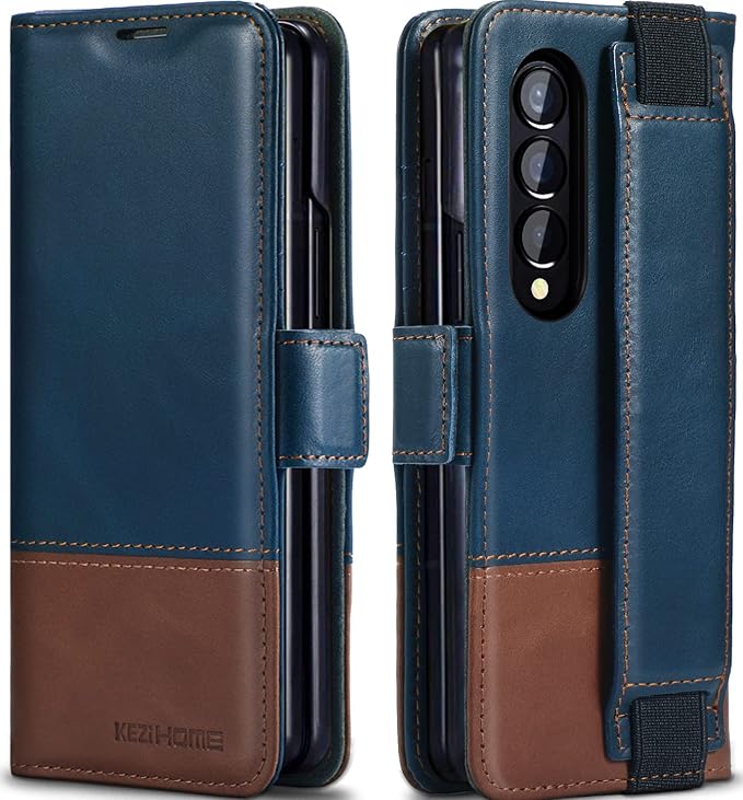 KEZiHOME for Galaxy Z Fold 4 5G Case, Genuine Leather Wallet Case with Card Holder [RFID Blocking] Kickstand Magnetic Book Flip Case Compatible with Samsung Galaxy Z Fold 4 2022 (Royal Blue/Brown)