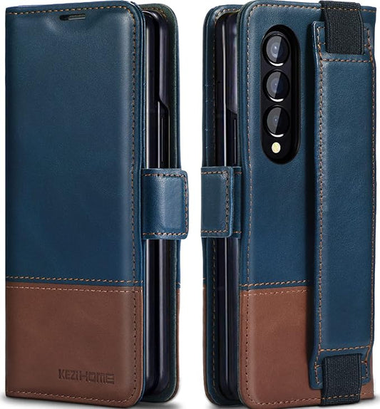 KEZiHOME for Galaxy Z Fold 4 5G Case, Genuine Leather Wallet Case with Card Holder [RFID Blocking] Kickstand Magnetic Book Flip Case Compatible with Samsung Galaxy Z Fold 4 2022 (Royal Blue/Brown)