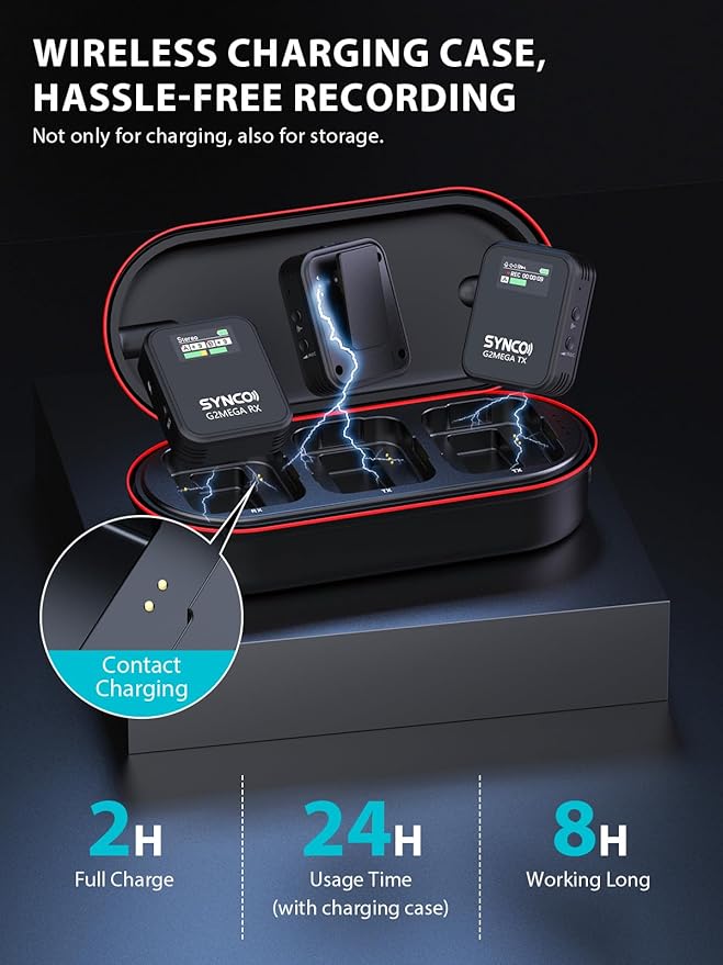 SYNCO Wireless Microphone System with Charging Case, G2A2 MEGA Dual Transmitter 8GB Storage of 24H 656ft Video Recording Streaming for Camera/Phone/PC/Laptop, Wireless-Lav-Mic-for-Camera