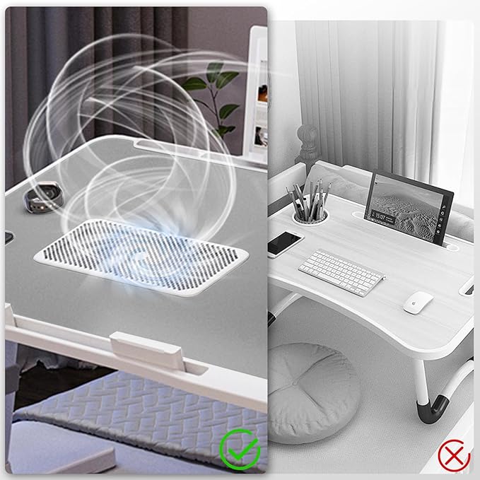 Laptop Lap Desk with Cooling Fan - Adjustable with Light, USB, Storage Drawer - Folding Bed Desk,23.62"*15.74",Grey