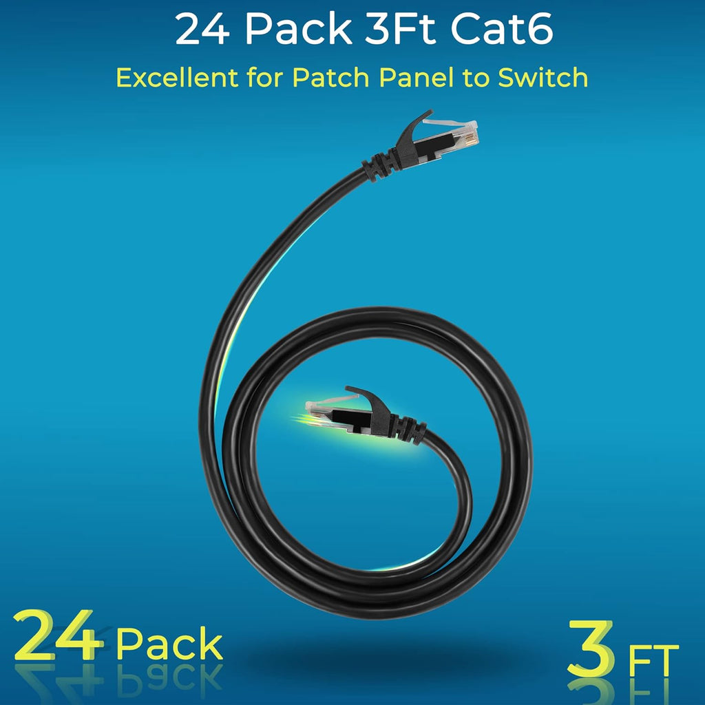 Rapink Patch Cables Cat6 3ft (24 Pack), Ethernet Patch Cable 10G Support, Cat 6 Patch Cable for Patch Panel to Switch, Flexiable Cat 6 Ethernet Cable with Gold Plated Black