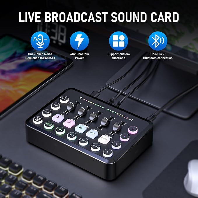 F11 Gaming Audio Mixer, Sound Board for PS5/ PC/Phone, Live Streaming Audio Interface with 3.5mm/XLR Microphone Input, Individual Control Live Sound Card, DJ Mixer Effects, Voice Changer, Denoise