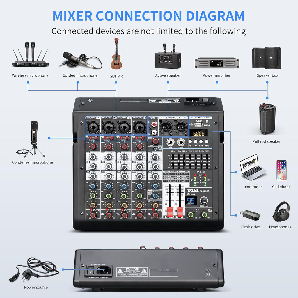 Audio Mixer, 6-Channel Professional DJ Mixer with 99-Bit DSP Effects, 7-Band EQ, 48V Phantom Power, MP3/Computer Input - Studio Audio Mixing Console for Recording & Live Performances