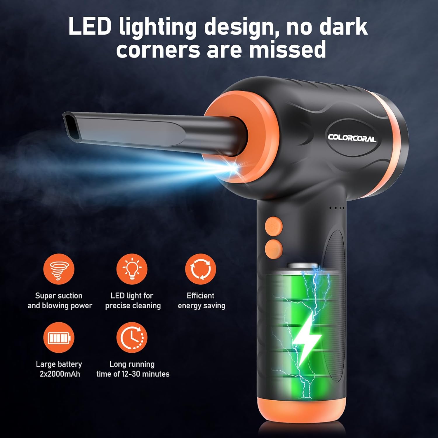 COLORCORAL 12-in-1 Cordless Compressed Air Duster with 2-Speeds 120,000RPM, LED Light, Computer Vacuum Air Duster 2-in-1, Perfect for Deep Cleaning Keyboards, PCs, Cars, and Electronics