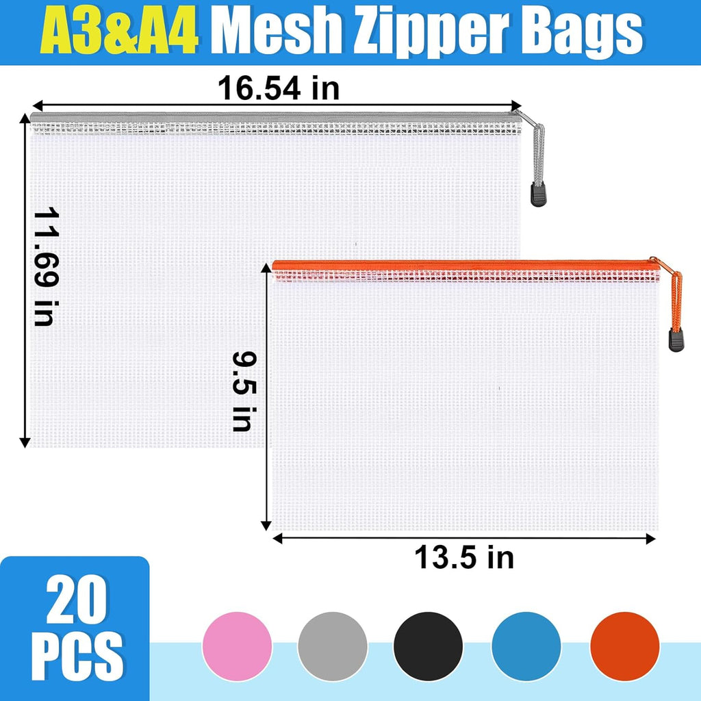Mesh Zipper Pouch Bags,Zipper Pouches,Mesh Zipper Bags for Organizing,Storage Bags for Office Supplies,Puzzle & Board Game Storage. (A3(10 Pcs)+A4(10 Pcs))