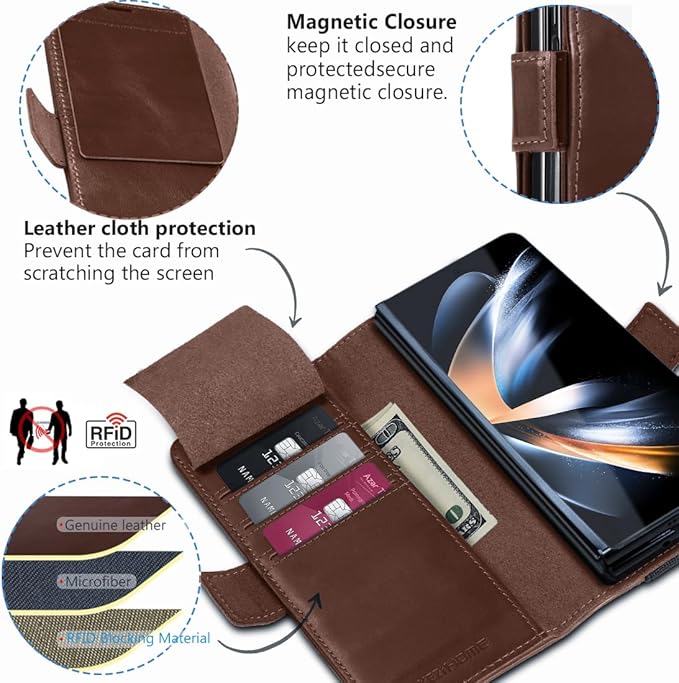 KEZiHOME for Samsung Galaxy Z Fold 6 Case, Genuine Leather Galaxy Z Fold6 Wallet Case [RFID Blocking] with Card Slots Stand Flip Protective Phone Cover Compatible with Samsung Z Fold 6 5G (Brown)