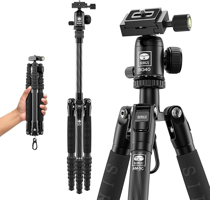 SIRUI Lightweight Carbon Fiber Travel Tripod, 6kg Load Capacity Compact Camera Support with Carry Bag, Portable for DSLR Mirrorless Cameras, Max Height 54" for Hiking Vacation Vlogging