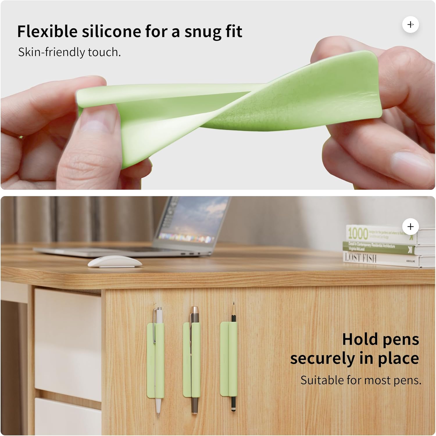 ELETIUO Pencil Holder For Most Pens,Pencils,Self-Adhesive Stick To Notebooks,Diary,Desks,Whiteboards Or Any Surface,Silicone Pen Holder For Home,Office And Desk Organization,Green