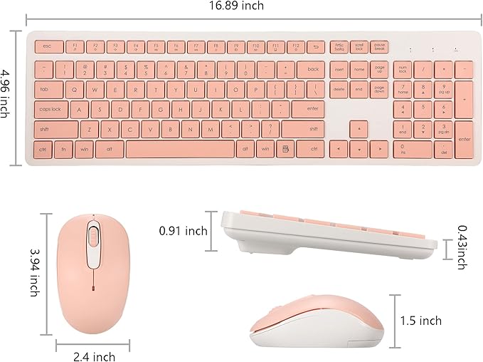 Wireless Keyboard and Mouse Combo, 2.4G Silent Cordless Keyboard Mouse Combo for Windows Chrome Laptop Computer PC Desktop, 106 Keys Full Size with Number Pad, 1600 DPI Optical Mouse (Pink)