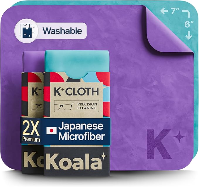 Koala Lens Cleaning Cloth | Japanese Microfiber | Glasses Cleaning Cloths | Eyeglass Lens Cleaner | Eyeglasses, Camera, VR/AR Headset, and Screen Cleaner | Blue & Purple (Pack of 2)