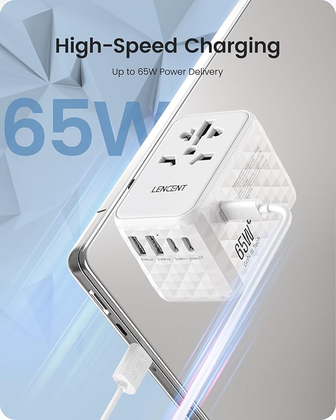 LENCENT 65W International Travel Adapter, Universal Travel Adapter with 2 QC USB-A & 3 PD3.0 Type C Power Outlet, Fast Charging for Phone,Laptops, All-in-One Outlet Converter for USA/UK/EU/AUS, White