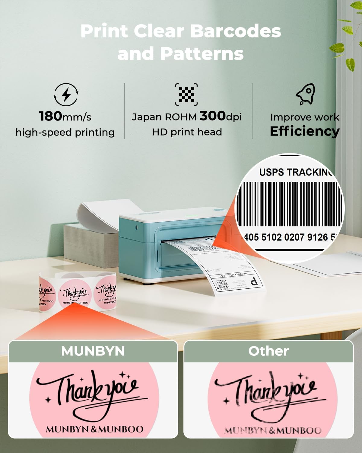 MUNBYN Bluetooth Thermal Label Printer 941B, Wireless 300DPI 4x6 Shipping Label Printer for Small Business, Compatible with Windows, Mac, iPhone, Android, PC, Ebay, Amazon, Shopify, Etsy, USPS (Green)