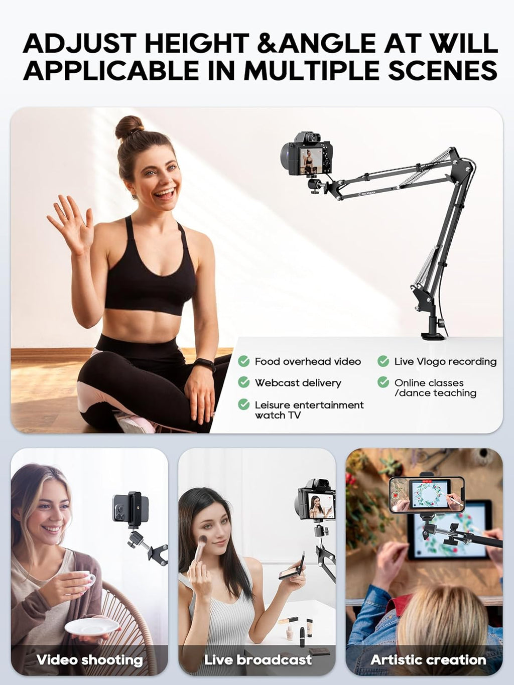 Overhead Camera Mount, 5lb Horizontal Load-Bearing, 360° Adjustable Stand for Desk, Flexible Arm Desk Mount, with Phone Clamp, Tabletop Mount for DSLR Camera/Webcam/Microphone（White