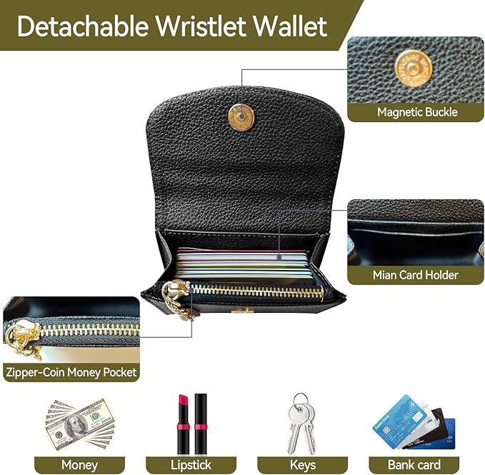 Clip and Go Strap for Phone with Wallet Metal Gun Chain Crossbody Phone Lanyard for Women Adjustable Detachable Wristlet Charm Small Purse Leather Card Holder Zipper with iPhone Stand 2 Patches Black