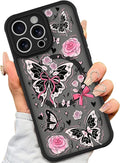 AIGOMARA Case for iPhone 16 Pro [Compatible with MagSafe] Cute Butterfly Pink Flower Floral Pattern Soft TPU Bumper Hard PC Back Anti-Fall Shockproof Protective Slim Magnetic Cover for Women Girls