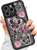 AIGOMARA Case for iPhone 16 Pro [Compatible with MagSafe] Cute Butterfly Pink Flower Floral Pattern Soft TPU Bumper Hard PC Back Anti-Fall Shockproof Protective Slim Magnetic Cover for Women Girls